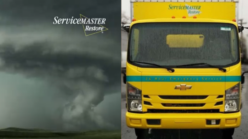 ServiceMaster truck is driving in flash flood for water damage restoration